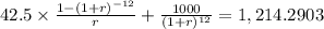 42.5 \times \frac{1-(1+r)^{-12} }{r} + \frac{1000}{(1 +r)^{12} }= 1,214.2903