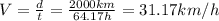 V = \frac{d}{t} = \frac{2000km}{64.17h}=31.17km/h