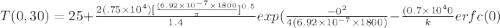 T( 0, 30) =   25 + \frac{2(.75\times 10^4)[\frac{(6.92\times 10^{-7} \times 1800}{\pi}]^{0.5}}{1.4} exp (\frac{-0^2}{4(6.92\times 10^{-7} \times 1800)} - \frac{(0.7\times 10^{4} 0}{k} erfc(0)