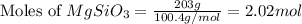 \text{Moles of }MgSiO_3=\frac{203g}{100.4g/mol}=2.02mol