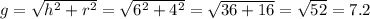 g = \sqrt {h ^ 2 + r ^ 2} = \sqrt {6 ^ 2 + 4 ^ 2} = \sqrt {36 + 16} = \sqrt {52} = 7.2