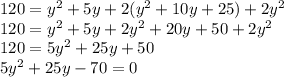 120=y^{2}+5y+2(y^{2}+10y+25)+2y^{2}\\ 120=y^{2}+5y+2y^{2}+20y+50+2y^{2}\\120=5y^{2}+25y+50\\5y^{2}+25y-70=0