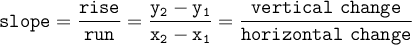 \large\begin{array}{I} \mathtt{ slope= \dfrac{rise}{run}=\dfrac{y_2-y_1}{x_2-x_1}=\dfrac{vertical~ change}{horizontal~ change}} } \end{array}