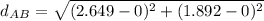 d_A_B=\sqrt{(2.649-0)^{2}+(1.892-0)^{2}}