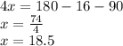 4x=180-16-90\\x=\frac{74}{4}\\ x=18.5