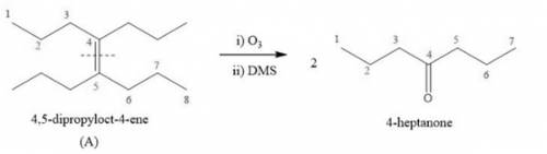 Compound a is an alkene that was treated with ozone (followed by dms) to yield only 4-heptanone. dra