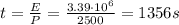 t=\frac{E}{P}=\frac{3.39\cdot 10^6}{2500}=1356 s