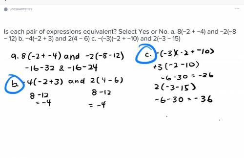 Is each pair of expressions equivalent?  select yes or no. a. 8(−2 + −4) and −2(−8 − 12) b. −4(−2 +