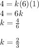 4=k(6)(1)\\4=6k\\k=\frac{4}{6}\\\\k=\frac{2}{3}