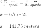 \frac{6.75}{1} \frac{m}{spool} =\frac{x}{21} \frac{m}{spools} \\ \\x=6.75*21 \\ \\x=141.75\ meters