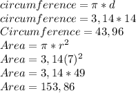 circumference=\pi *d\\circumference=3,14*14\\Circumference= 43,96\\Area= \pi *r^2\\Area=3,14(7)^2\\Area= 3,14*49\\Area= 153,86
