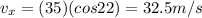 v_x = (35)(cos 22)=32.5 m/s