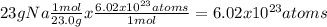 23 g Na  \frac{1 mol}{23.0 g} x  \frac{6.02 x  10^{23} atoms}{1 mol}  = 6.02 x  10^{23} atoms