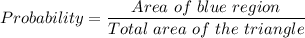 Probability=\dfrac{Area\ of\ blue\ region}{Total\ area\ of\ the\ triangle}