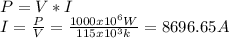 P=V*I\\I=\frac{P}{V}=\frac{1000x10^{6}W}{115x10^{3}k }  =8696.65A