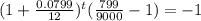 (1+ \frac{0.0799}{12})^t (\frac{799}{9000}  - 1 ) = -1