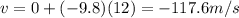 v=0 + (-9.8)(12)=-117.6 m/s