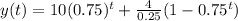 y(t)=10(0.75)^t+\frac{4}{0.25}(1-0.75^t)
