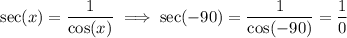 \sec(x)=\dfrac{1}{\cos(x)}\implies \sec(-90)=\dfrac{1}{\cos(-90)}=\dfrac{1}{0}
