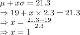 \mu+x\sigma=21.3\\\Rightarrow 19+x\times 2.3=21.3\\\Rightarrow x=\frac{21.3-19}{2.3}\\\Rightarrow x=1