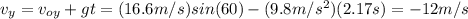 v_{y}=v_{oy}+gt=(16.6m/s)sin(60)-(9.8m/s^2)(2.17s)=-12m/s
