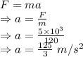 F=ma\\\Rightarrow a=\frac{F}{m}\\\Rightarrow a=\frac{5\times 10^3}{120}\\\Rightarrow a=\frac{125}{3}\ m/s^2