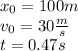 x_{0}=100m\\v_{0}=30 \frac{m}{s} \\t=0.47 s