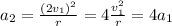 a_2 = \frac{(2v_1)^2}{r}=4\frac{v_1^2}{r}=4a_1