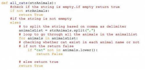 Write a function all_cats that consumes a comma-separated string of animals and prints whether all o