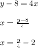 y-8= 4x\\\\x=\frac{y-8}{4}\\\\x=\frac{y}{4}-2