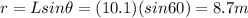 r=L sin \theta = (10.1)(sin 60)=8.7 m