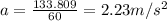 a=\frac{133.809}{60}=2.23 m/s^2
