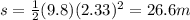 s=\frac{1}{2}(9.8)(2.33)^2=26.6 m