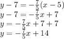 y -7 = -\frac{7}{5}(x-5)\\y -7 = -\frac{7}{5}x +7\\y = -\frac{7}{5}x +7+7\\y = -\frac{7}{5}x +14