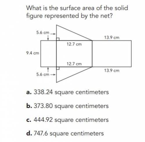 What is the surface area of the solid figure represented by the net?  a. 338.24 square centimeters b