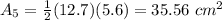 A_5=\frac{1}{2}(12.7)(5.6)=35.56\ cm^2
