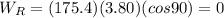 W_R=(175.4)(3.80)(cos 90)=0
