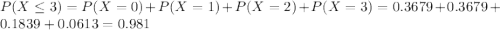 P(X \leq 3) = P(X = 0) + P(X = 1) + P(X = 2) + P(X = 3) = 0.3679 + 0.3679 + 0.1839 + 0.0613 = 0.981