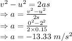 v^2-u^2=2as\\\Rightarrow a=\frac{v^2-u^2}{2s}\\\Rightarrow a=\frac{0^2-2^2}{2\times 0.15}\\\Rightarrow a=-13.33\ m/s^2