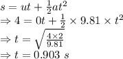 s=ut+\frac{1}{2}at^2\\\Rightarrow 4=0t+\frac{1}{2}\times 9.81\times t^2\\\Rightarrow t=\sqrt{\frac{4\times 2}{9.81}}\\\Rightarrow t=0.903\ s