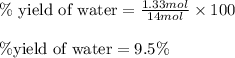 \%\text{ yield of water}=\frac{1.33mol}{14mol}\times 100\\\\\% \text{yield of water}=9.5\%