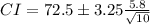 CI=72.5 \pm 3.25\frac{5.8}{\sqrt{10}}