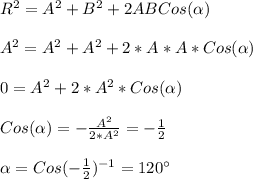 R^{2}=A^{2}+B^{2}+2ABCos(\alpha)\\ \\A^{2}=A^{2}+A^{2}+2*A*A*Cos(\alpha)\\\\0=A^{2}+2*A^{2}*Cos(\alpha)\\\\Cos(\alpha)=-\frac{A^{2}}{2*A^{2}}=-\frac{1}{2}\\\\\alpha =Cos(-\frac{1}{2})^{-1}=120\°