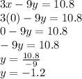 3x-9y=10.8\\3(0)-9y=10.8\\0-9y=10.8\\-9y=10.8\\y=\frac{10.8}{-9}\\y=-1.2