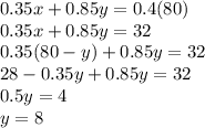0.35x + 0.85y = 0.4(80)\\0.35x + 0.85y = 32\\0.35(80-y)+0.85y=32\\28-0.35y+0.85y=32\\0.5y=4\\y=8