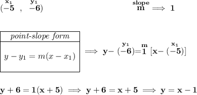 \bf (\stackrel{x_1}{-5}~,~\stackrel{y_1}{-6})~\hspace{10em} \stackrel{slope}{m}\implies 1 \\\\\\ \begin{array}{|c|ll} \cline{1-1} \textit{point-slope form}\\ \cline{1-1} \\ y-y_1=m(x-x_1) \\\\ \cline{1-1} \end{array}\implies y-\stackrel{y_1}{(-6)}=\stackrel{m}{1}[x-\stackrel{x_1}{(-5)}] \\\\\\ y+6=1(x+5)\implies y+6=x+5\implies y=x-1