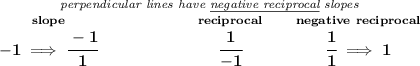 \bf \stackrel{\textit{perpendicular lines have \underline{negative reciprocal} slopes}} {\stackrel{slope}{-1\implies \cfrac{-1}{1}}\qquad \qquad \qquad \stackrel{reciprocal}{\cfrac{1}{-1}}\qquad \stackrel{negative~reciprocal}{\cfrac{1}{1}\implies 1}}