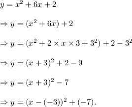 y=x^2+6x+2\\\\\Rightarrow y=(x^2+6x)+2\\\\\Rightarrow y=(x^2+2\times x\times3+3^2)+2-3^2\\\\\Rightarrow y=(x+3)^2+2-9\\\\\Rightarrow y=(x+3)^2-7\\\\\Rightarrow y=(x-(-3))^2+(-7).