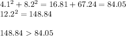 4.1^2+8.2^2=16.81+67.24=84.05 \\&#10;12.2^2=148.84 \\ \\&#10;148.84\ \textgreater \ 84.05