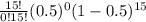 \frac{15!}{0!15!} (0.5)^{0} (1-0.5)^{15}
